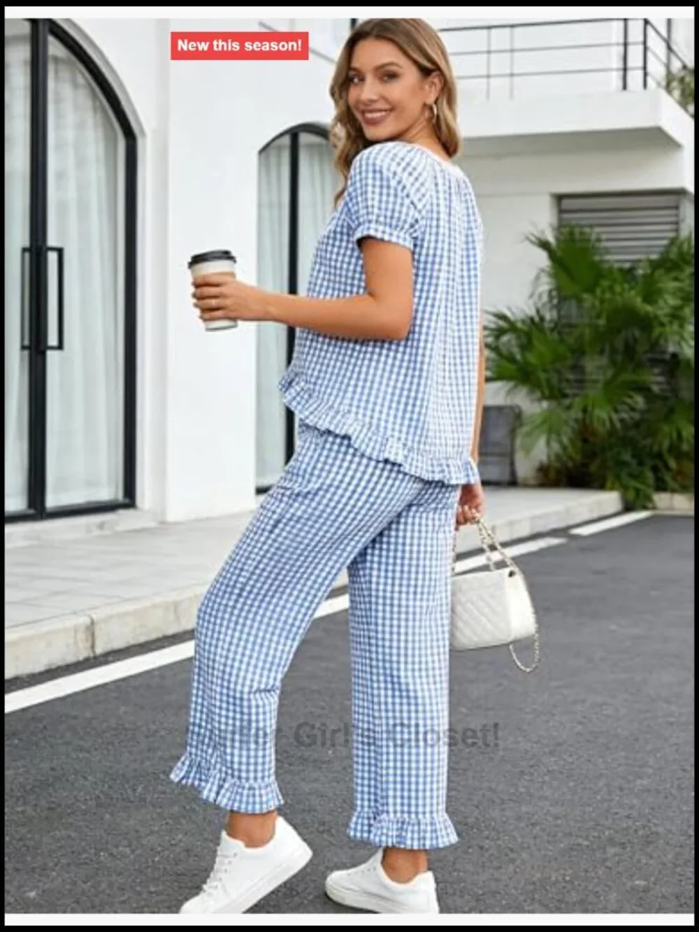 Women's 2 Piece Gingham Pajama Set Cotton Button Down Short Sleeve Ruffle